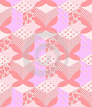 Seamless patchwork pattern with applique of pink butterflies