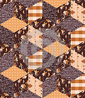 Seamless patchwork pattern in brown tones. Jeans and floral patches