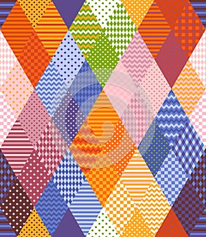 Seamless patchwork pattern from colorful rhombuses patches. Bright multicolor vector illustration