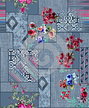 Seamless Patchwork Pattern with Flowers and Lines. Ethnic Indian Style.