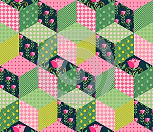 Seamless patchwork pattern with green, pink and floral patches