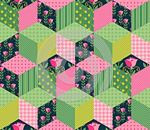 Seamless patchwork pattern with green, pink and floral patches.