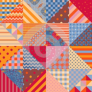 Seamless patchwork pattern with multicolor geometric ornaments. Print in ethnic style for fabric and textile. Cute quilting design