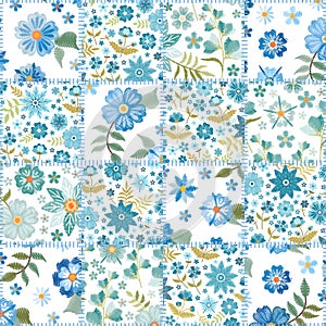Seamless patchwork pattern from patches with embroidered light blue flowers on white background
