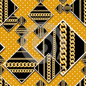 Seamless Patchwork Pattern, Squares with Golden Chains and Small Dots.