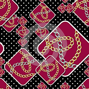 Seamless Patchwork Pattern, Squares with Golden Chains and Small Dots.