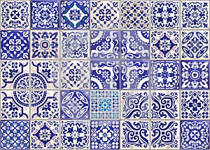 Seamless patchwork tile with Victorian motives. Majolica pottery tile, colored azulejo, original traditional Portuguese