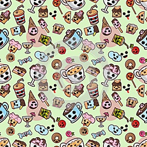 Seamless patern, illustration_1_style Kawaii cute nice, adorable pictures, icons, sweet food pastry and beverages is a great kit