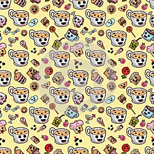 Seamless patern, illustration_3_style Kawaii cute nice, adorable pictures, icons, sweet food pastry and beverages is a great kit