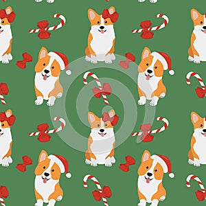 Seamless patten with corgis in Santa Claus hat and caramels. Background for wrapping paper, greeting cards and seasonal designs