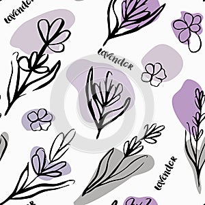 Seamless patten with lavender flowers. Hand drawn illustration. Doodle style.