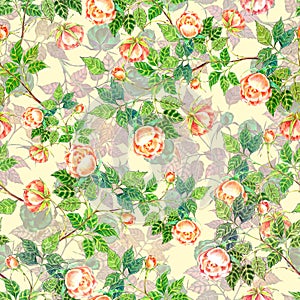 Seamless patter watercolor branch roses.