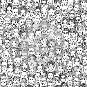 Seamless pattern of 100 hand drawn faces, black and white