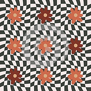 Seamless Pattern 1970s Groovy Flower Cute 70s Flower on Checkers  Vector illustration EPS10