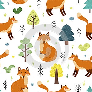 Cute fox seamless pattern. Funny woodland character in cartoon style background