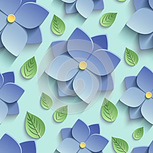 Seamless pattern with 3d blue flowers and leaves