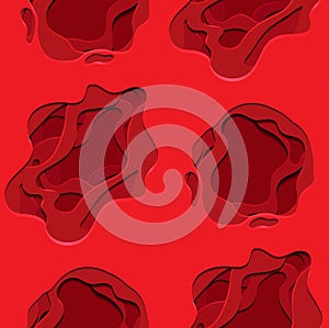 Seamless pattern with 3d element in red color cut out of paper. Vector texture