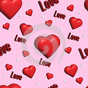 A seamless pattern of 3D hearts and the words love on a pink background