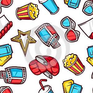 Seamless pattern of 3d movie elements and cinema objects in cartoon style