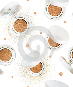 Seamless pattern of 5 Foundation cushion powder with various open lids. Cosmetic face powder isolated on white