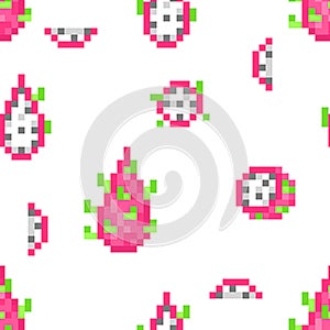 Seamless pattern with 8 bit pixel art dragon fruit pitaya; pitahaya isolated on white background