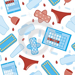 Seamless pattern with absorbent pads, tampons, underpants, a calendar as a backdrop or wallpaper, flat vector stock illustration