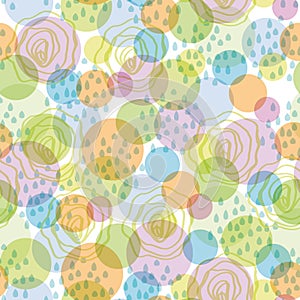 Seamless pattern abstract background with circles and drops (green, blue, orange, purple).