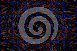 Seamless pattern, abstract background. Gray spirals with red and blue squares on top.