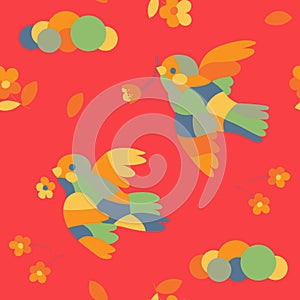 Seamless pattern with abstract birds and flowers on a red background