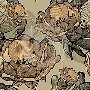 Seamless pattern with abstract blooming flowers, hand-drawing. V