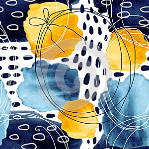 Seamless pattern with abstract blue and yellow spots and circles. Hand drawn watercolor illustration for design