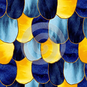 Seamless pattern with abstract blue and yellow spots and circles. Hand drawn watercolor illustration for design background,