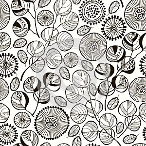 Seamless pattern with abstract branches and flowers. Black and w