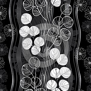 Seamless pattern with abstract branches and flowers. Black and w