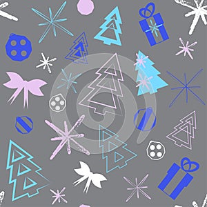 Seamless pattern with abstract Christmas trees, gifts, snowflakes, bows and balls. Pattern idea for Christmas wrappers