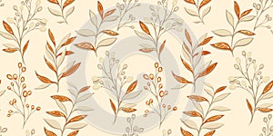 Seamless pattern with abstract, creative, stylized beige leaves stem, branches berries. Vector hand drawn. photo