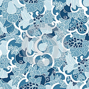 Seamless pattern with abstract curls, fruits and berries in blue