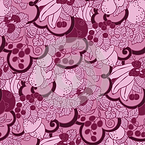 Seamless pattern with abstract curls, fruits and berries in pink