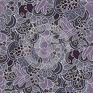 Seamless pattern with abstract curls, fruits and berries in purple and magents colors.