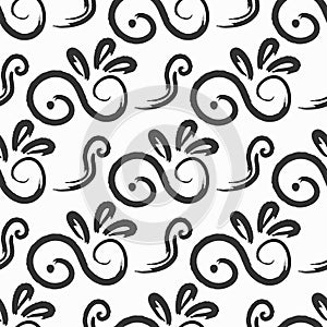 Seamless pattern with abstract curved elements painted with watercolor brush. Grunge, sketch, ink, watercolour.