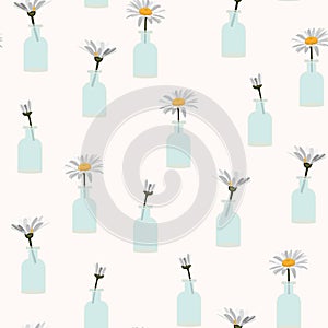 Seamless Pattern with abstract daisy flowers in vases on light background.