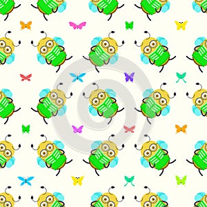 Seamless Pattern Abstract Elements Different Bee Insect Beetle With Flower Vector Design Style Background Illustration Texture