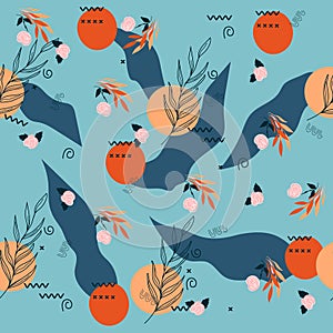 Seamless pattern with abstract and floral elements on background, flat vector