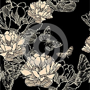 Seamless pattern with abstract flowers bloom and b