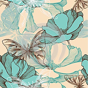 Seamless pattern with abstract flowers and decorat