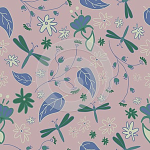 Seamless pattern with abstract flowers and dragonflies