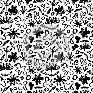 Seamless pattern with abstract flowers, leaves and amorphous shapes. Vector grunge organic texture.
