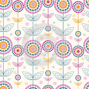 Seamless pattern of abstract flowers on light background in vector. Colorful floral background of hearts.