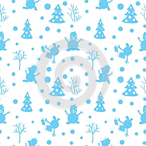 Seamless pattern with abstract fun snowmen and trees