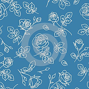 Seamless pattern with abstract garden roses, with stems, buds and leaves silhouette. Background with blossoming  outline flowers.